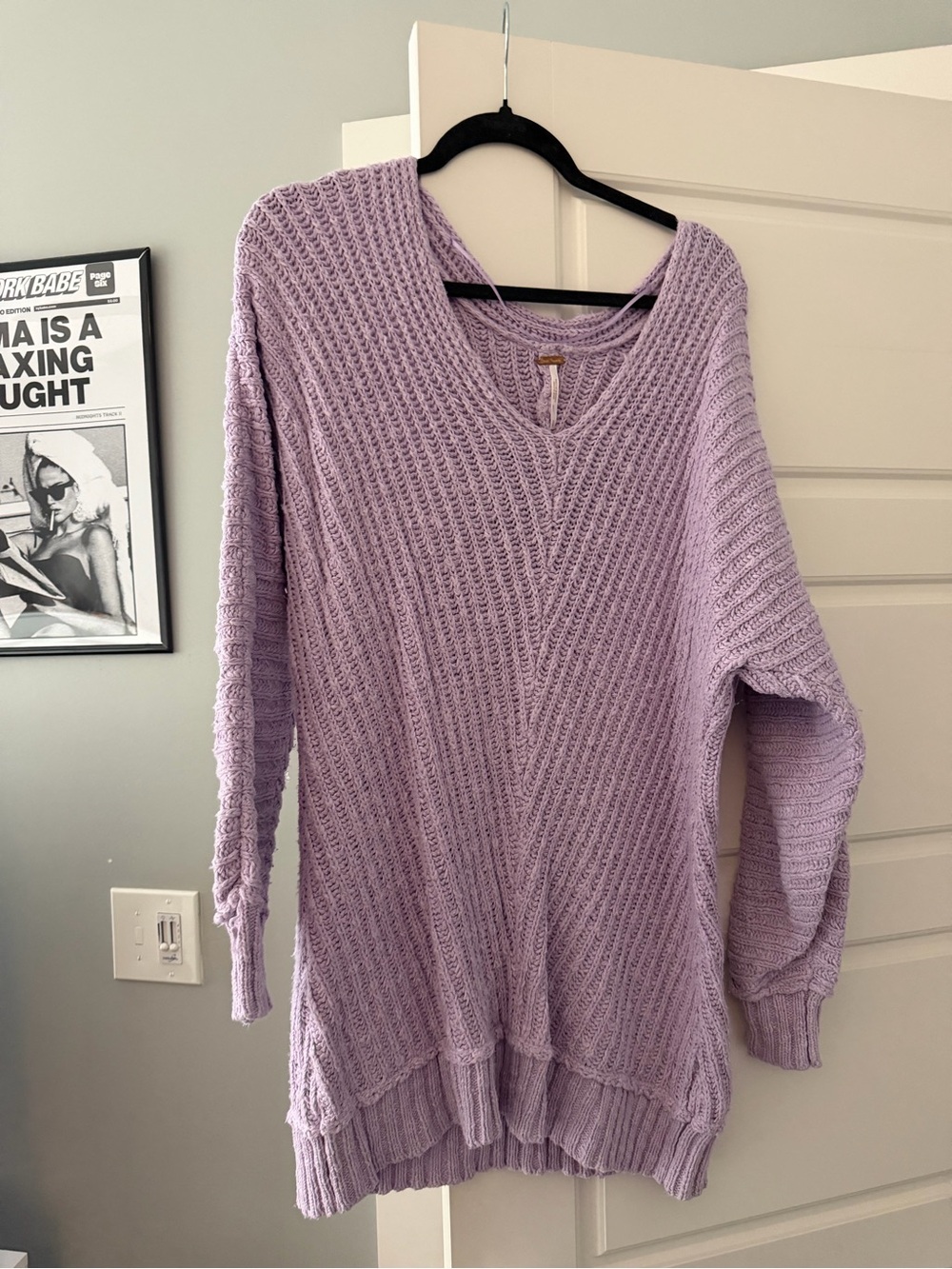 Free People Lavender Knit V-Neck Oversized Sweater